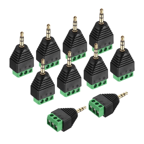 Uxcell 10Pcs 3.5mm TS Mono Male Plug to 3 Pin Screw Terminal Block, Gold Plated Solderless AUX Headphone Balun Converter Adapter