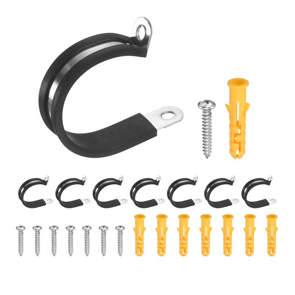 Uxcell 10Pcs 36mm(1.42") Cable Clamps, 304 Stainless Steel R-Type Double Rivet Rubber Cushioned Insulated Hose Clamp, Pipe Conduit Strap Holder Clips for Tube, Wire Cord Installation