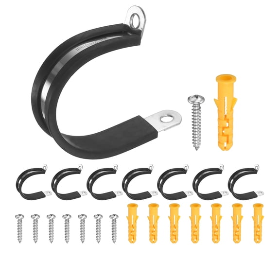 Uxcell 10Pcs 40mm(1.57") Cable Clamps, 304 Stainless Steel R-Type Double Rivet Rubber Cushioned Insulated Hose Clamp, Pipe Conduit Strap Holder Clips for Tube, Wire Cord Installation