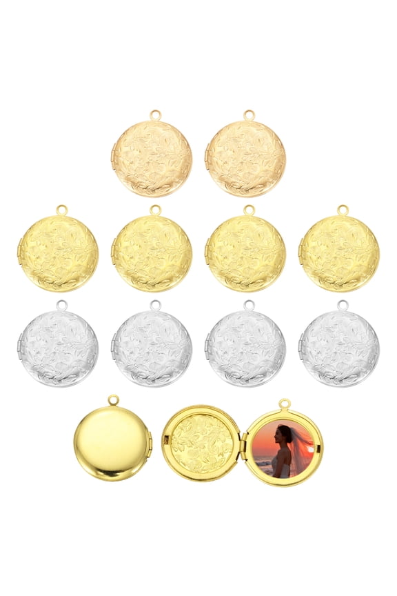 10Pcs Custom Round Photo Locket Charm, Retro Round Flower Picture Locket Pendants for Women Men DIY Memorial KeyChains Necklace Bracelet, Silver/Gold/Light Gold/Dark Copper