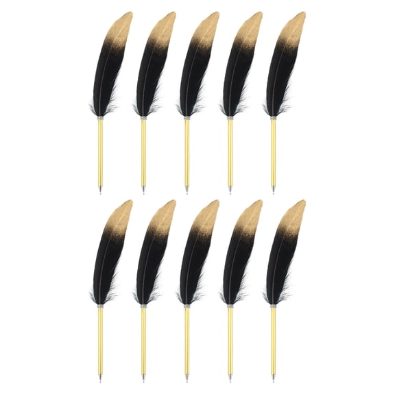 Uxcell 10Pcs Feather Ballpoint Pens, 0.5mm Black Ink Vintage Plated Rod Quill Writing Pens for Office, Wedding, Black