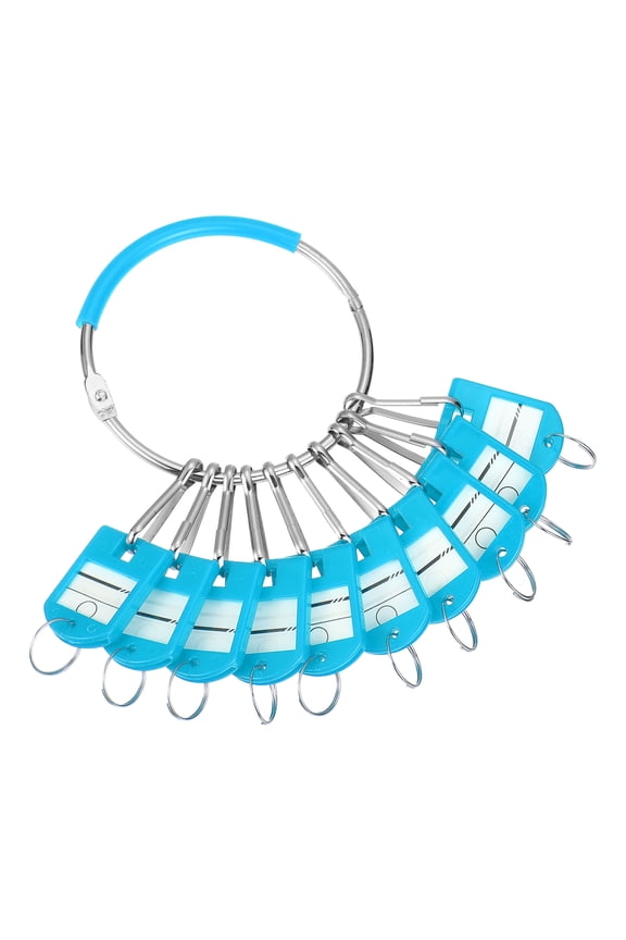 10Pcs Key Tags with Labels, Portable Key Organizer Metal Ring with 10Pcs Individual Spring Hooks Keychain Tags Identifiers Holder and Plastic Handle for Hotel Office, Sky Blue