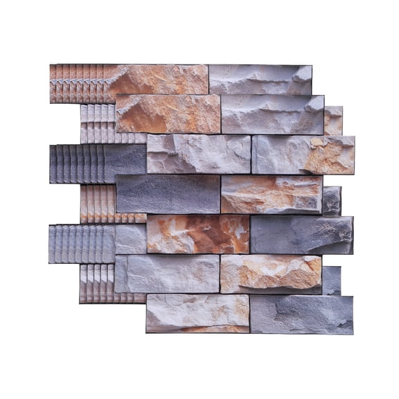 Uxcell 10Pcs Peel and Stick Backsplash Tiles 10.6" x 10.6" 3D Thickened Stone Texture Self-Adhesive Tile Stickers Wallpaper Wall for Kitchen Bathroom Bedroom, Grey Orange