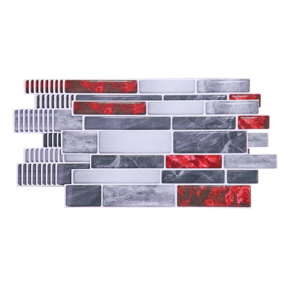 Uxcell 10Pcs Peel and Stick Backsplash Tiles 9.4" x 4.7" 3D Thickened Mable Texture Self-Adhesive Tile Stickers Wallpaper Wall for Kitchen Bathroom Bedroom, Red Gray