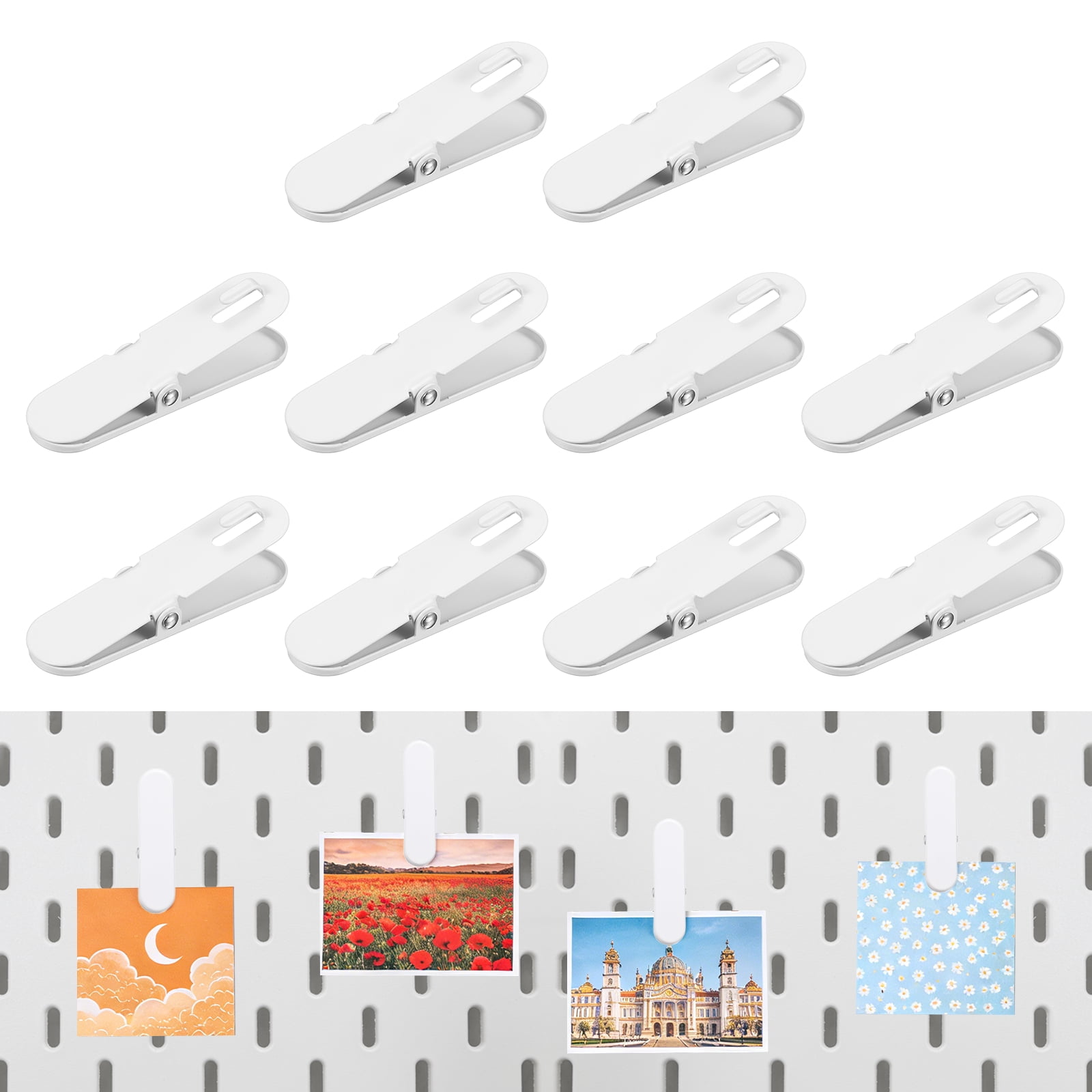 Uxcell 10Pcs Pegboard Accessories Clips, 3.1 x 0.8 in Pegboard Clips Metal Accessory Hook for Crafts Kitchen Office Wall Organize, White