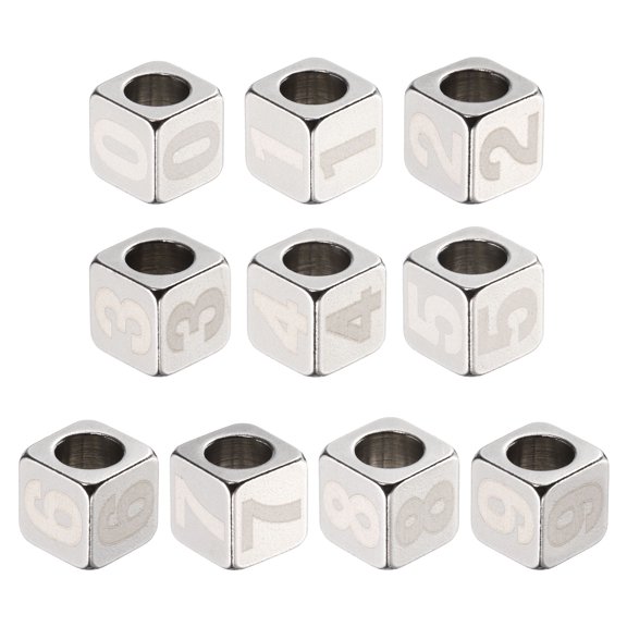 Uxcell 10Pcs Stainless Steels Number Beads Number 0-9 Cube Silver Metallic Large Square Metal Dice Beads for Jewelry Bracelets Necklaces Earrings