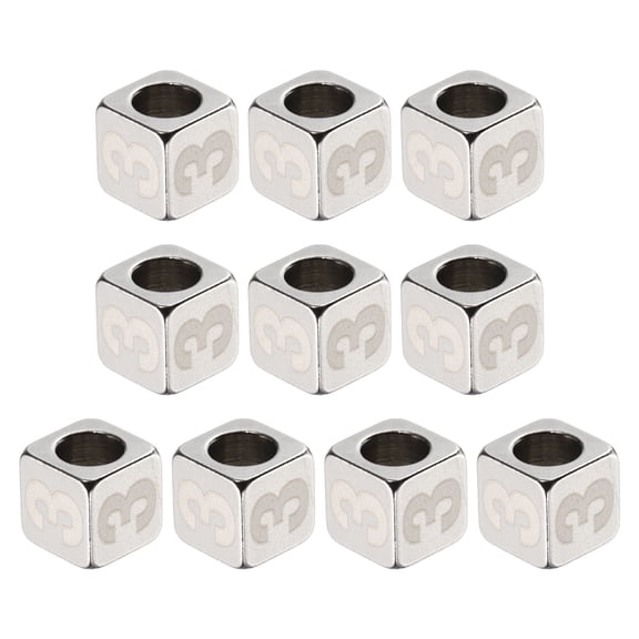 Uxcell 10Pcs Stainless Steels Number Beads Number 3 Cube Silver Metallic Large Square Metal Dice Beads