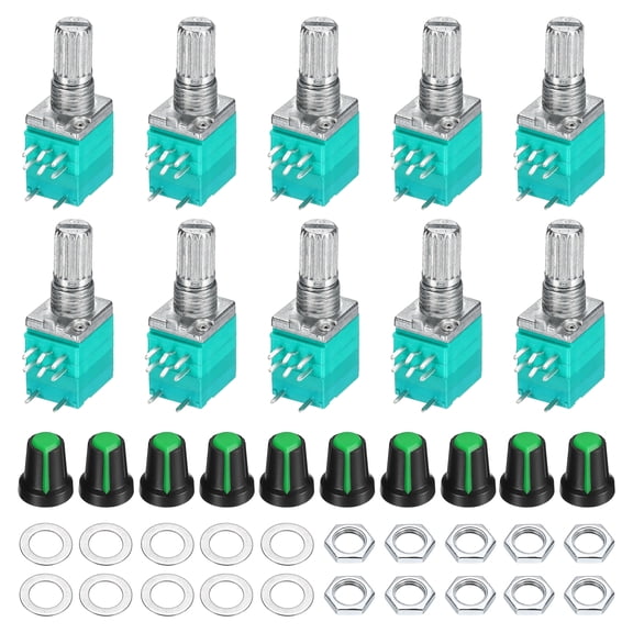 Uxcell 10Set RV097NS B10K Ohm Potentiometer w/ Switch 8Pin Black/Green 15mm Shaft Variable Resistors,Single Linear Turn Rotary Potentiometer Kit with AG2 Knob Cap for Audio Equipment Amplifier