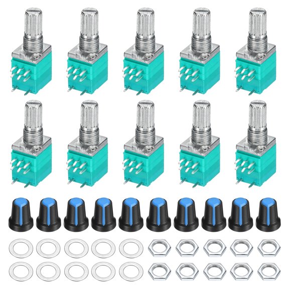 Uxcell 10Set RV097NS B1K Ohm Potentiometer w/ Switch 8Pin Black/Blue 15mm Shaft Variable Resistors,Single Linear Turn Rotary Potentiometer Kit with AG2 Knob Cap for Audio Equipment Amplifier