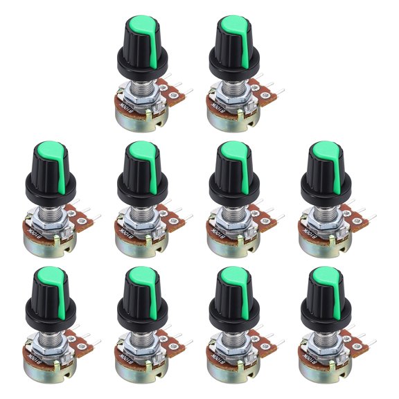 Uxcell 10Set WH148 B100K Ohm Potentiometer Kit, 3Pins Variable Resistors Single Linear Taper Rotary Potentiometer with Green Rotary Knobs and Nuts, Washers