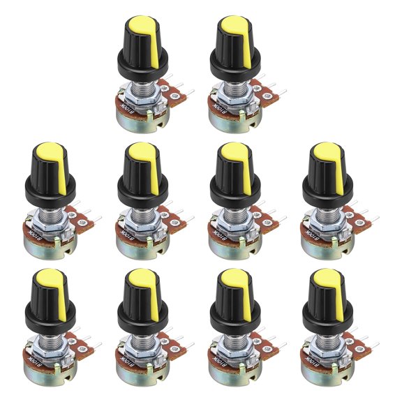 Uxcell 10Set WH148 B100K Ohm Potentiometer Kit, 3Pins Variable Resistors Single Linear Taper Rotary Potentiometer with Yellow Rotary Knobs and Nuts, Washers