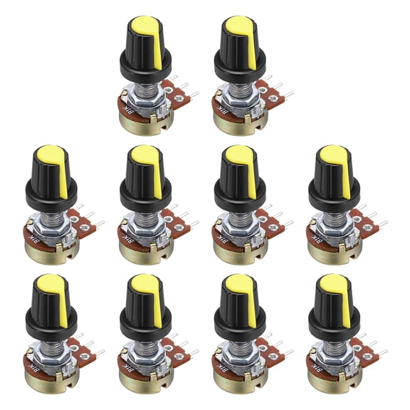Uxcell 10Set WH148 B1K Ohm Potentiometer Kit, 3Pins Variable Resistors Single Linear Taper Rotary Potentiometer with Yellow Rotary Knobs and Nuts, Washers