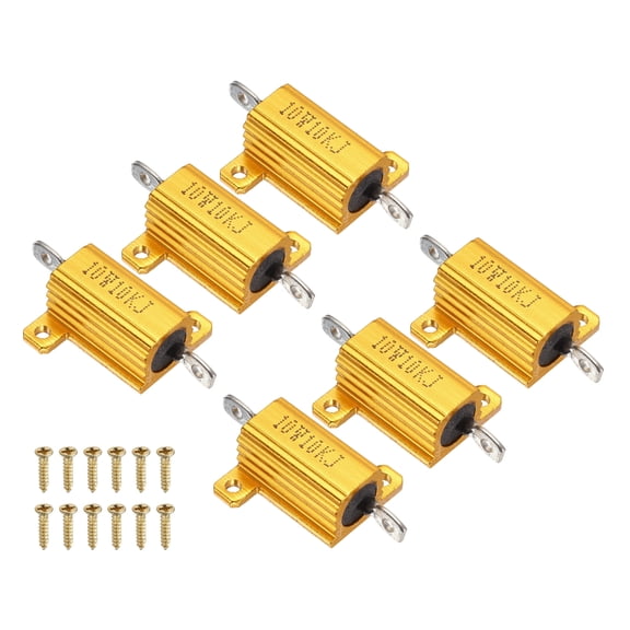 Uxcell 10W 10K ohm Aluminum Shell Resistor with Screws, 6 Pack Aluminum Housing Resistor Housed Case Wirewound Resistors Screw Tap Power Resistor for LED Turn Signal Doorbell, Gold