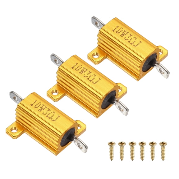 Uxcell 10W 3 ohm Aluminum Shell Resistor with Screws, 3 Pack Aluminum Housing Resistor Housed Case Wirewound Resistors Screw Tap Power Resistor for LED Turn Signal Doorbell, Gold
