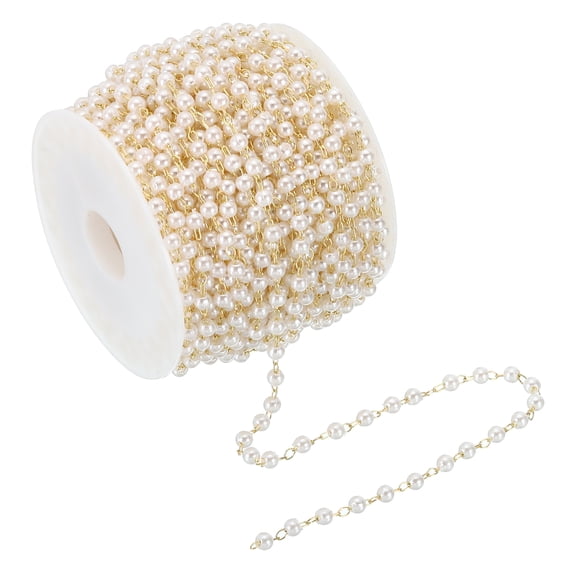 Uxcell 10m/33 Feet Faux Pearl Beading Chain with Spool, 3mm Brass Chain Link for Jewelry Making Style 1, Light Gold