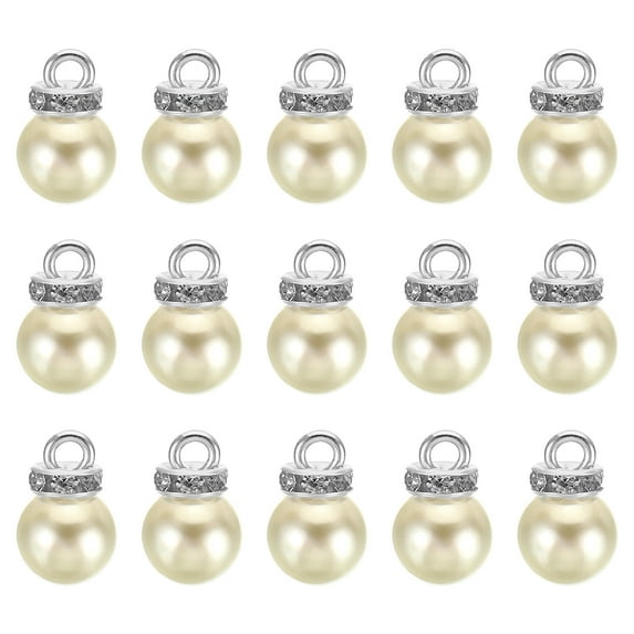 Uxcell 10mm Faux Pearl Pendants Drops, 100 Pack Round Imitation Pearl Beads with Rhinestone, Silver Beige