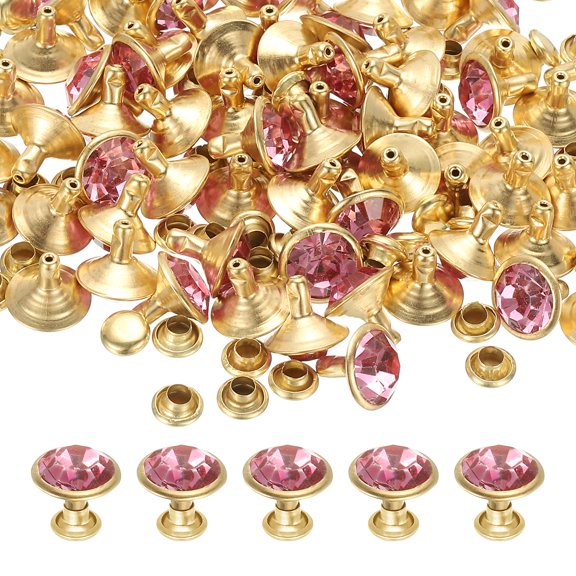 Uxcell 10mm Leather Rivets, 70 Sets Rhinestone Rivet Studs Double Cap Spikes Rivet for Leather Crafting for Decor Repair DIY Clothing Belts Bags Shoes, Pink Gold Tone