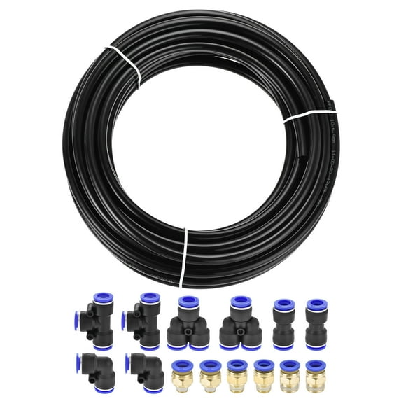 Uxcell 10mm OD PU Air Hose Tubing Kit 10 Meters Black with 14 Pcs Fittings