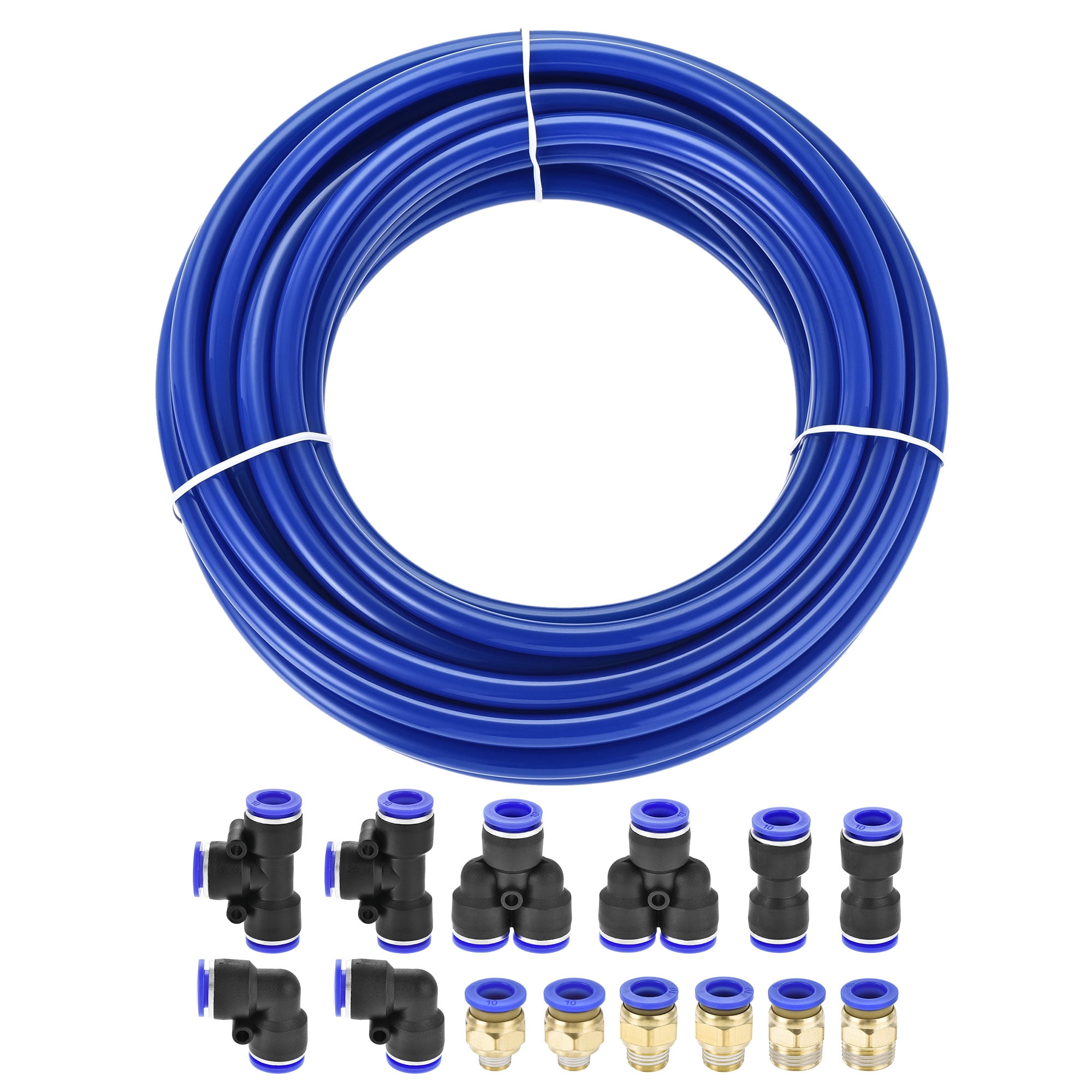 Uxcell 10mm OD PU Air Hose Tubing Kit 10 Meters Blue with 14 Pcs Fittings