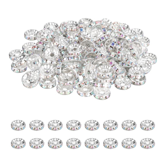 Uxcell 10mm Rondelle Spacer Bead, 200 Pcs Crystal Rhinestone Loose Bead Spacers for Jewelry Making, Silver/AB White