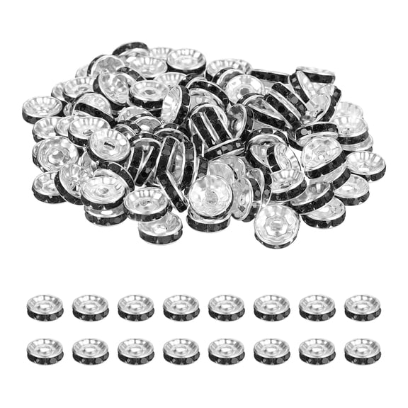 Uxcell 10mm Rondelle Spacer Bead, 200 Pcs Crystal Rhinestone Loose Bead Spacers for Jewelry Making, Silver/Black