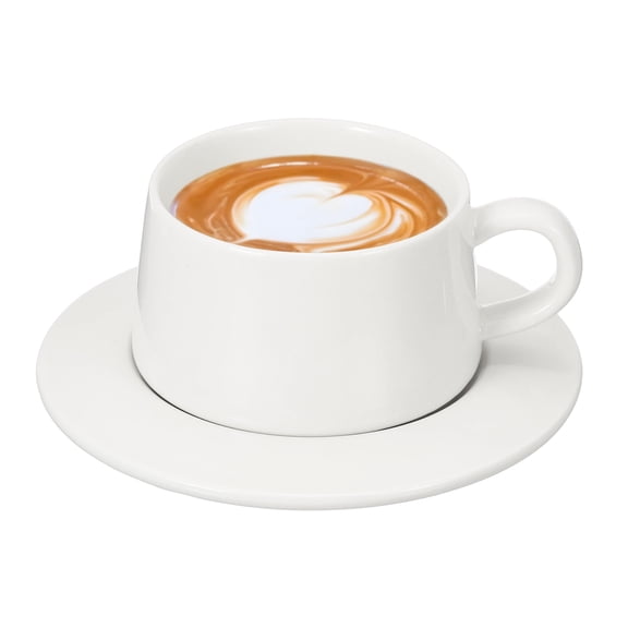 Uxcell 10oz Ceramic Coffee Mugs with Saucer Set, Creative Cute Cup with Handle Unique Irregular Design for Coffee Lovers Gift Tea Espresso Latte Kitchen Cafe Party, Dishwasher White