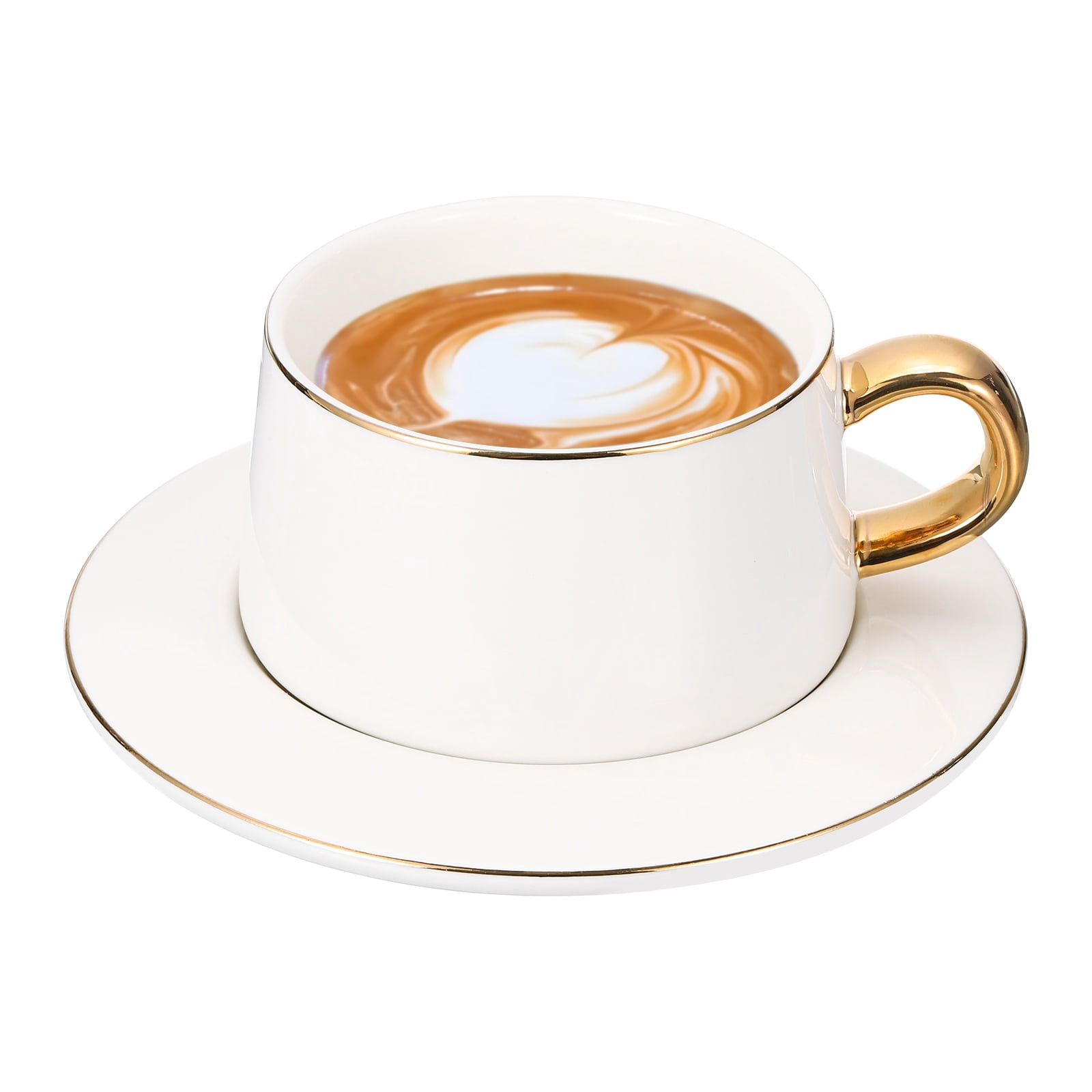 Uxcell 10oz Ceramic Coffee Mugs with Saucer Set, Creative Cute Cup with Handle Unique Irregular Design for Coffee Lovers Gift Tea Espresso Latte Kitchen Cafe Party Dishwasher, White