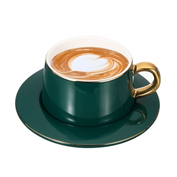 Uxcell 10oz Ceramic Coffee Mugs with Saucer Set, Creative Cute Cup with Handle Unique Irregular Design for Coffee Lovers Gift Tea Espresso Latte Kitchen Cafe Party Dishwasher, Green