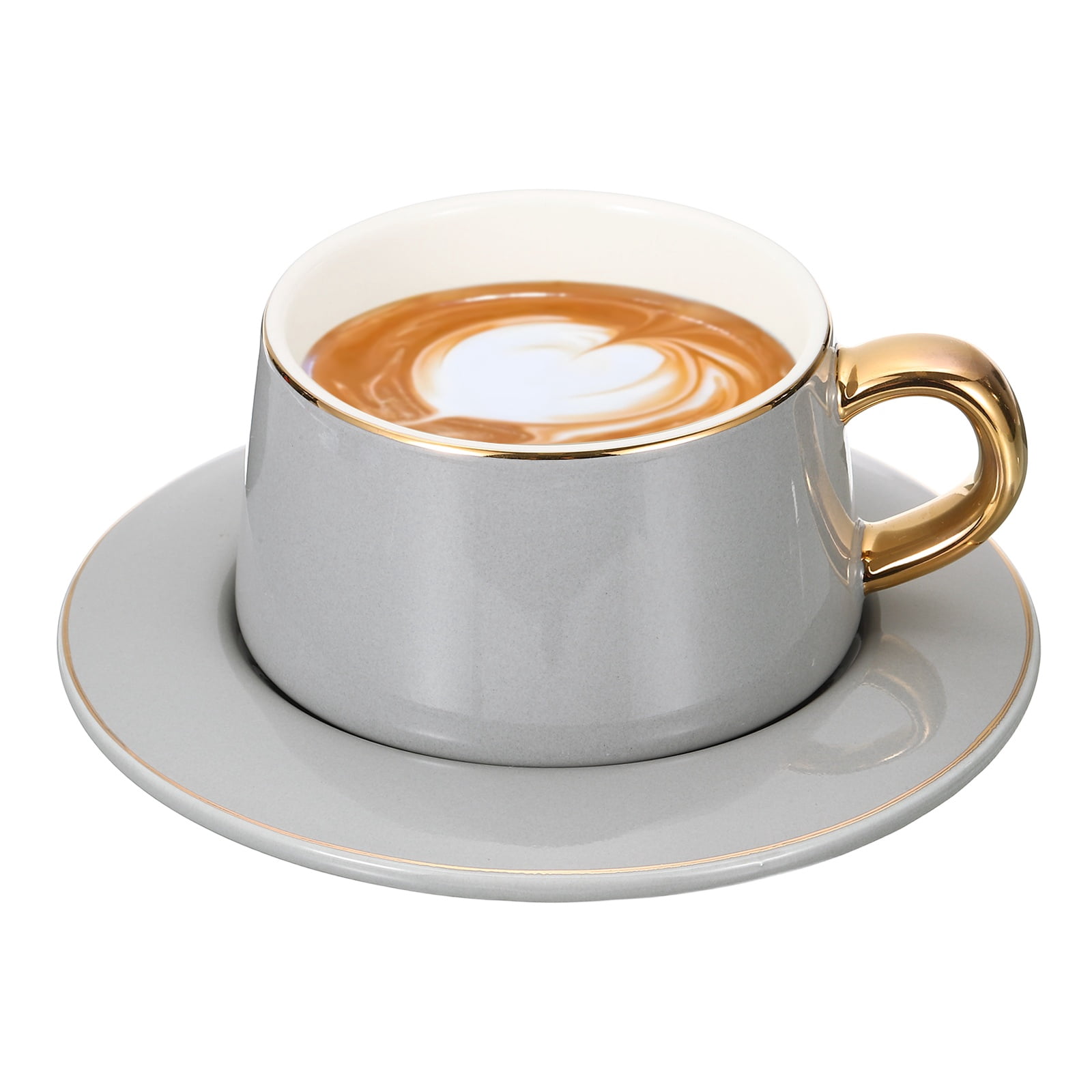 Uxcell 10oz Ceramic Coffee Mugs with Saucer Set, Creative Cute Cup with Handle Unique Irregular Design for Coffee Lovers Gift Tea Espresso Latte Kitchen Cafe Party Dishwasher, Gray