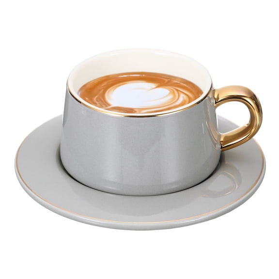 Uxcell 10oz Ceramic Coffee Mugs with Saucer Set, Creative Cute Cup with Handle Unique Irregular Design for Coffee Lovers Gift Tea Espresso Latte Kitchen Cafe Party Dishwasher, Gray
