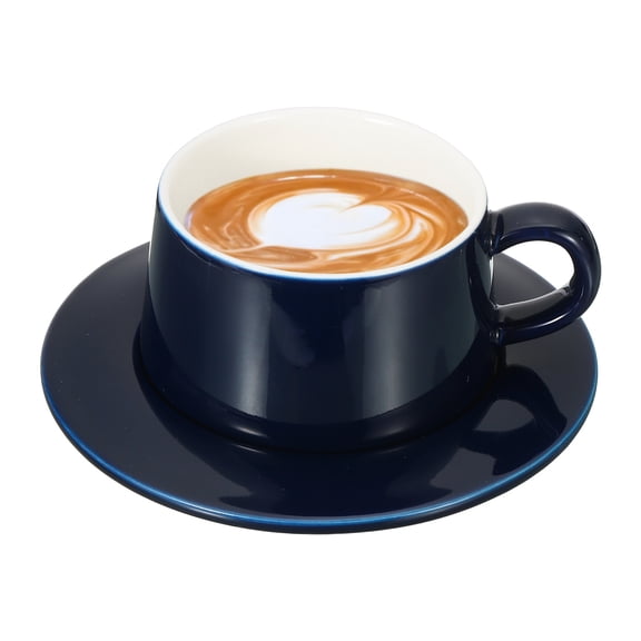 Uxcell 10oz Ceramic Coffee Mugs with Saucer Set, Creative Cute Cup with Handle Unique Irregular Design for Coffee Lovers Gift Tea Espresso Latte Kitchen Cafe Party Dishwasher, Navy Blue