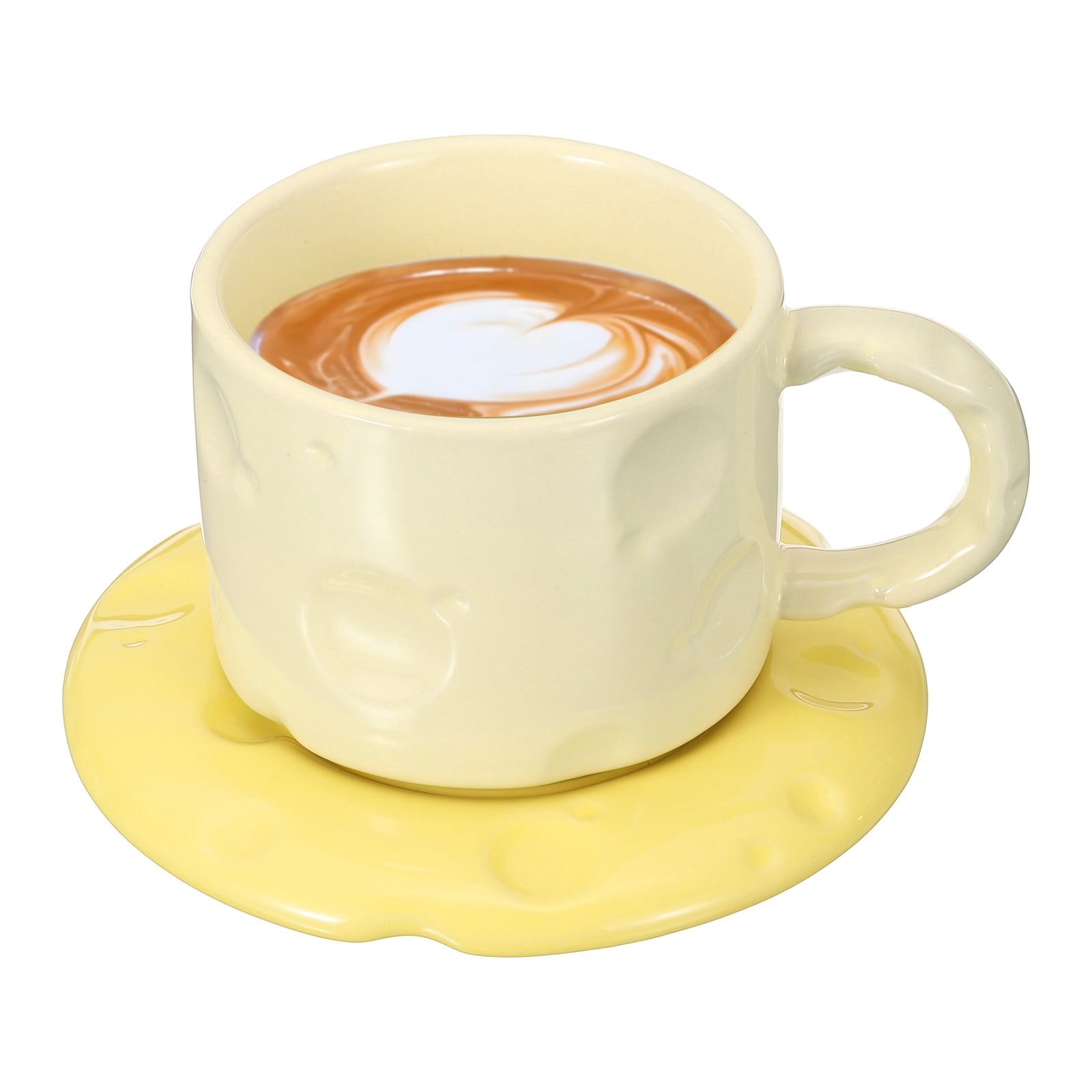 Uxcell 10oz Ceramic Coffee Mugs with Saucer Set, Creative Cute Cup with Handle Unique Irregular Design for Lovers Gift Tea Espresso Latte Kitchen Cafe, Dishwasher White Cup Yellow Saucer