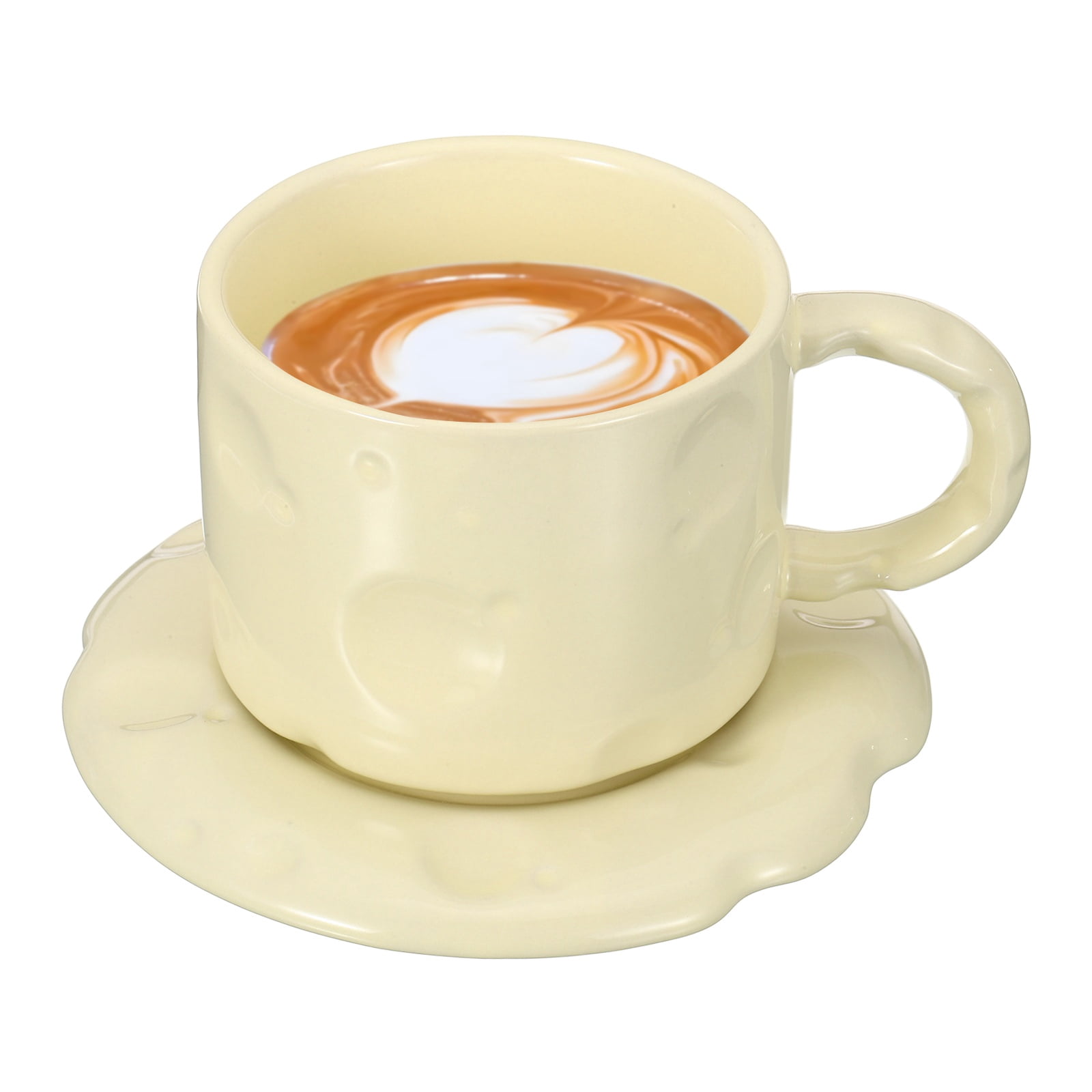 Uxcell 10oz Ceramic Coffee Mugs with Saucer Set, Creative Cute Cup with Handle Unique Irregular Design for Lovers Gift Tea Espresso Latte Kitchen Cafe, Dishwasher White