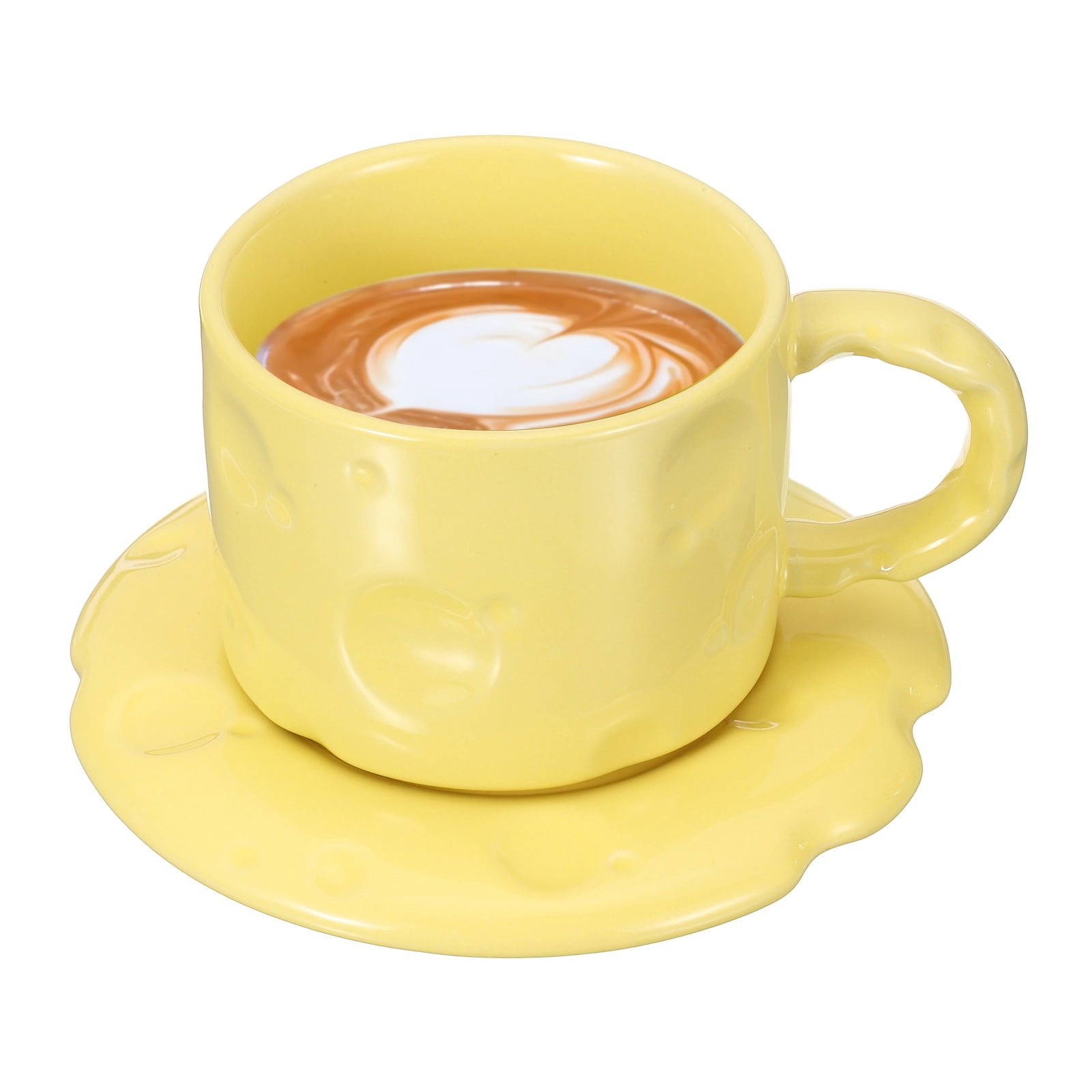 Uxcell 10oz Ceramic Coffee Mugs with Saucer Set, Creative Cute Cup with Handle Unique Irregular Design for Lovers Gift Tea Espresso Latte Kitchen Cafe, Dishwasher Yellow