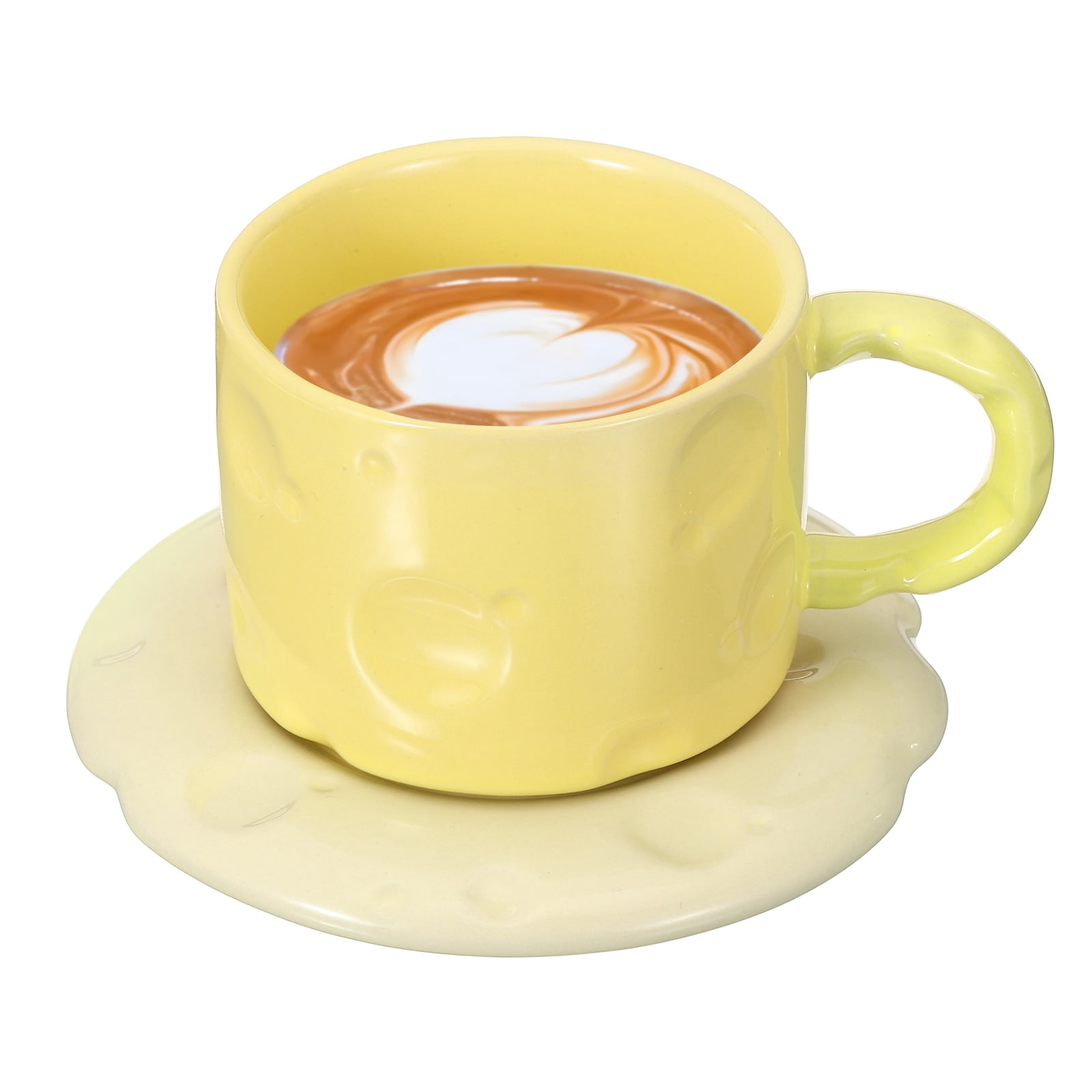 Uxcell 10oz Ceramic Coffee Mugs with Saucer Set, Creative Cute Cup with Handle Unique Irregular Design for Lovers Gift Tea Espresso Latte Kitchen Cafe Dishwasher, Yellow Cup White Saucer