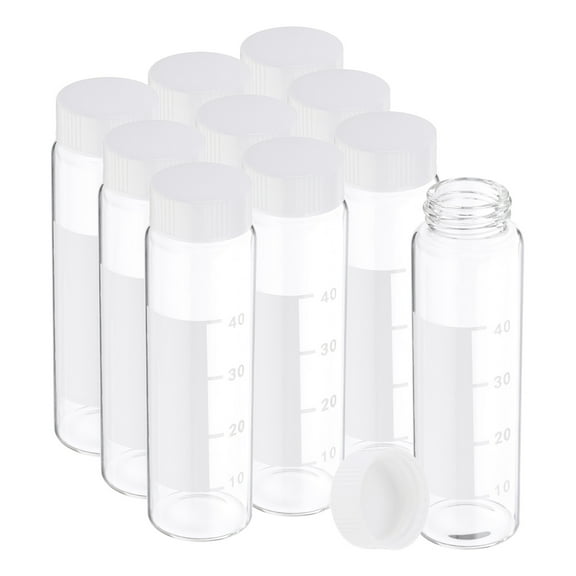 Uxcell 10pcs 50ml Small Clear Glass Vials with White Screw Cap, Borosilicate Glass Graduated Sample Bottles with Label