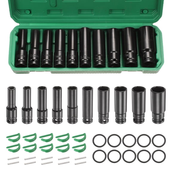 Uxcell 10pcs 6 Point Deep Impact Socket Set 1/2" Drive 8-24mm Metric Standard Socket Cr-Mo Steel Spindle Axle Hex Nut Bolt Sockets with Rubber Ring Locking Pin