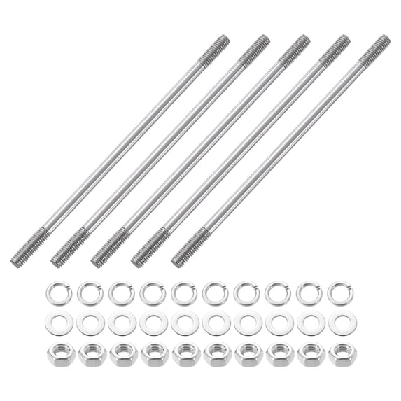 Uxcell 5pcs Double Ended Stud Screws, M6x140mm 304 Stainless Steel Dual Threaded Rod Bolts with Nuts and Flat & Lock Washers Double End Threaded Stud Screw Bolt for House Maintenance