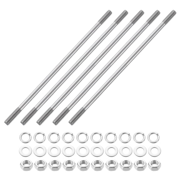 Uxcell 5pcs Double Ended Stud Screws, M6x160mm 304 Stainless Steel Dual Threaded Rod Bolts with Nuts and Flat & Lock Washers Double End Threaded Stud Screw Bolt for House Maintenance