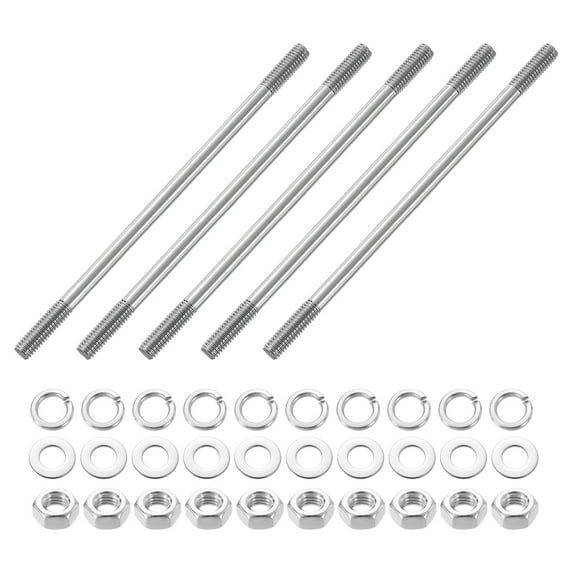 Uxcell 5pcs Double Ended Stud Screws, M6x130mm 304 Stainless Steel Dual Threaded Rod Bolts with Nuts and Flat & Lock Washers Double End Threaded Stud Screw Bolt for House Maintenance