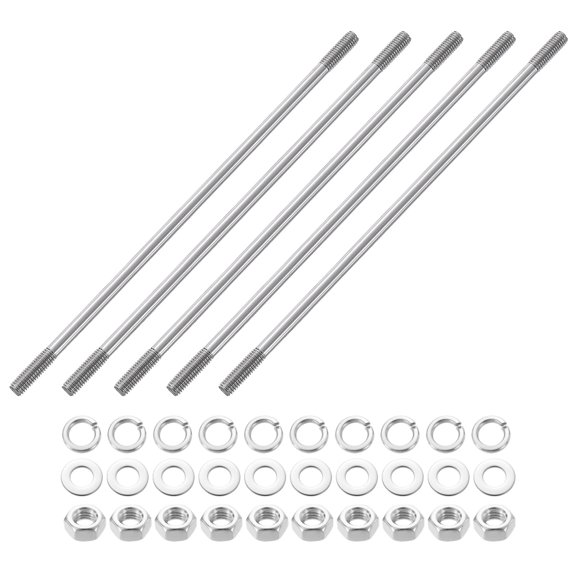 Uxcell 5pcs Double Ended Stud Screws, M6x190mm 304 Stainless Steel Dual Threaded Rod Bolts with Nuts and Flat & Lock Washers Double End Threaded Stud Screw Bolt for House Maintenance