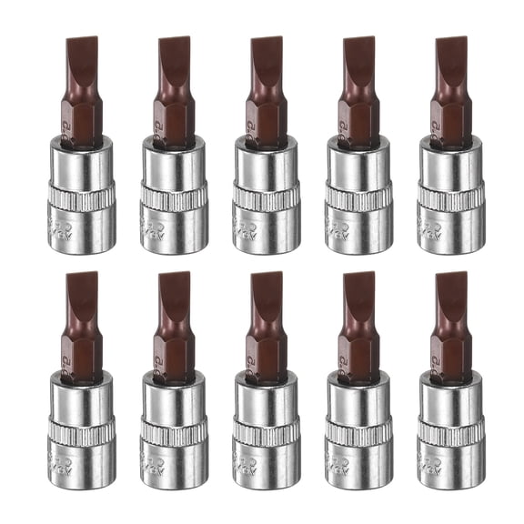 Uxcell 10pcs FD5.5 Slotted Bit Socket 1/4" Square Drive Flat Head Extension Impact Bit Power Nut Driver Set S2 & CR-V Steel Socket Ratchet Wrench Bits, Silver Red