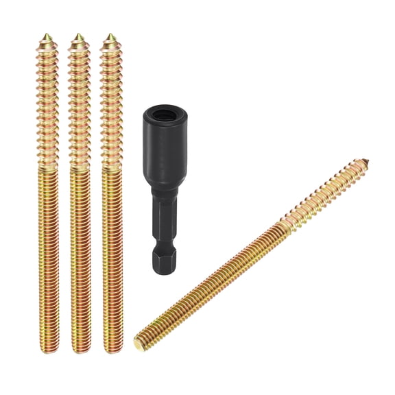 Uxcell 10pcs Hanger Bolts with Driver - [5/16"-18x5"] Double Headed Wood Dowel Self Tapping Screw Set for Furniture Repair, Dual Ended Thread Rod Joint Blot, Colored Zinc Coating