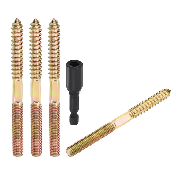 Uxcell 10pcs Hanger Bolts with Driver - [M8-1.25x100] Double Headed Wood Dowel Self Tapping Screw Set for Furniture Repair, Dual Ended Thread Rod Joint Blot, Colored Zinc Coating