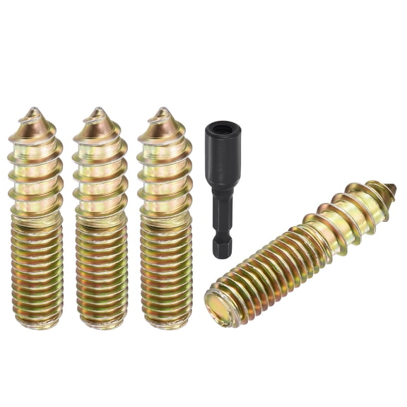 Uxcell 10pcs Hanger Bolts with Driver - [M8-1.25x35] Double Headed Wood Dowel Self Tapping Screw Set for Furniture Repair, Dual Ended Thread Rod Joint Blot, Colored Zinc Coating