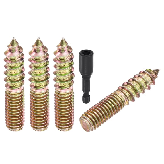 Uxcell 10pcs Hanger Bolts with Driver - [M8-1.25x40] Double Headed Wood Dowel Self Tapping Screw Set for Furniture Repair, Dual Ended Thread Rod Joint Blot, Colored Zinc Coating