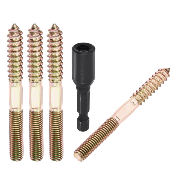 Uxcell 10pcs Hanger Bolts with Driver - [M8-1.25x80] Double Headed Wood Dowel Self Tapping Screw Set for Furniture Repair, Dual Ended Thread Rod Joint Blot, Colored Zinc Coating