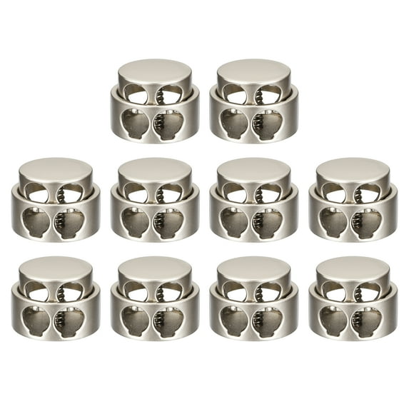 Uxcell 10pcs Metal Round Cord Locks, Double Hole Spring Toggle Stopper Cord Rope End for Clothes, Pearl Nickel