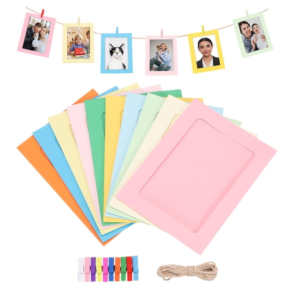 Uxcell 10pcs Paper Photo Frames Kit, 2.7 x 4.1" 10 Colors Cardboard Photo Display Banner with Clips and String, Picture Frame Hanging Display R for Wedding Birthday Party Wall Decor