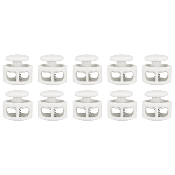 Uxcell 10pcs Plastic Cord Locks Double Hole Spring Toggle Stopper Clip Elastic Clasp Lock Fastener for Drawstring, Paracord, White